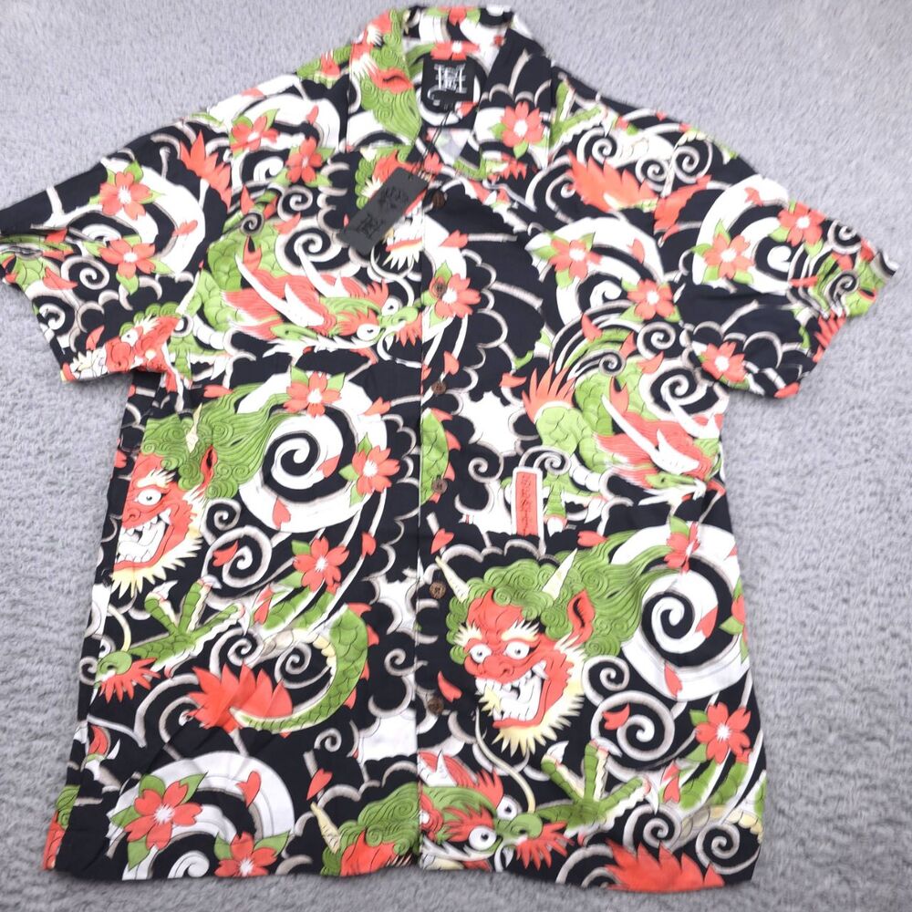 Ed Hardy Mens Medium Black‎ Hawaiian Dragon Print Button Up Shirt Y2K Art